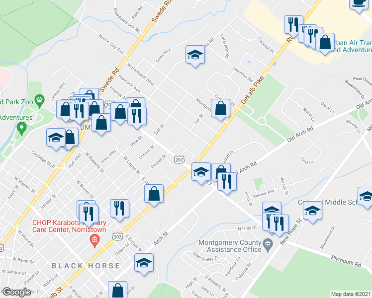 map of restaurants, bars, coffee shops, grocery stores, and more near Bradbury Drive in East Norriton