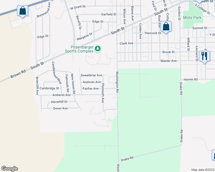 map of restaurants, bars, coffee shops, grocery stores, and more near 1416 Fairfax Avenue in Piqua