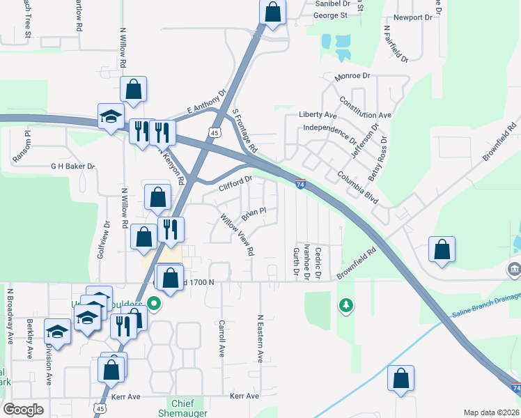 map of restaurants, bars, coffee shops, grocery stores, and more near 1803 Oliver Drive in Urbana