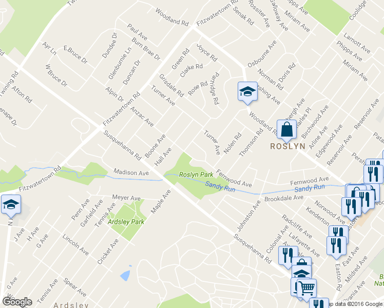 map of restaurants, bars, coffee shops, grocery stores, and more near 2829 Anzac Avenue in Abington