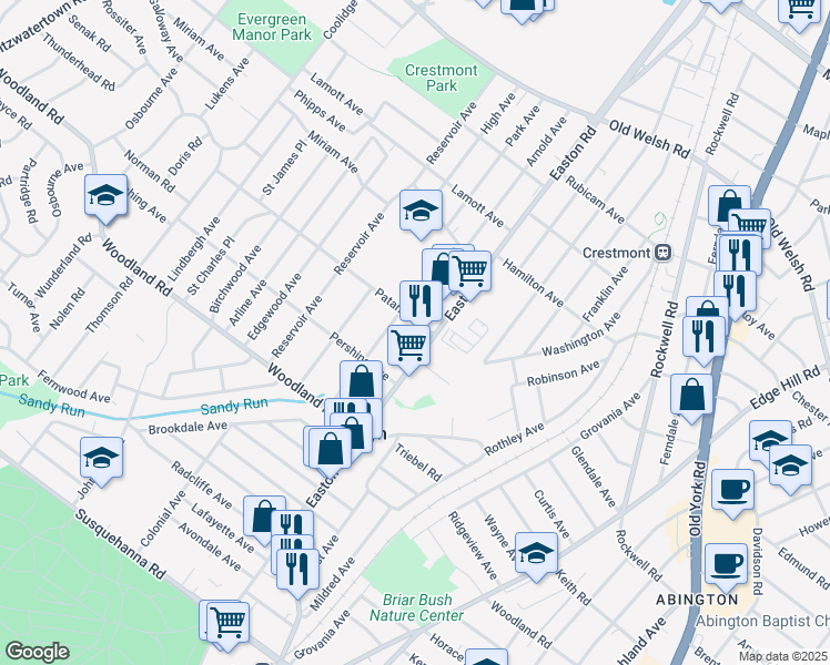 map of restaurants, bars, coffee shops, grocery stores, and more near 1502 Easton Road in Abington
