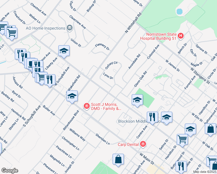 map of restaurants, bars, coffee shops, grocery stores, and more near 6 Oxford Circle in Norristown