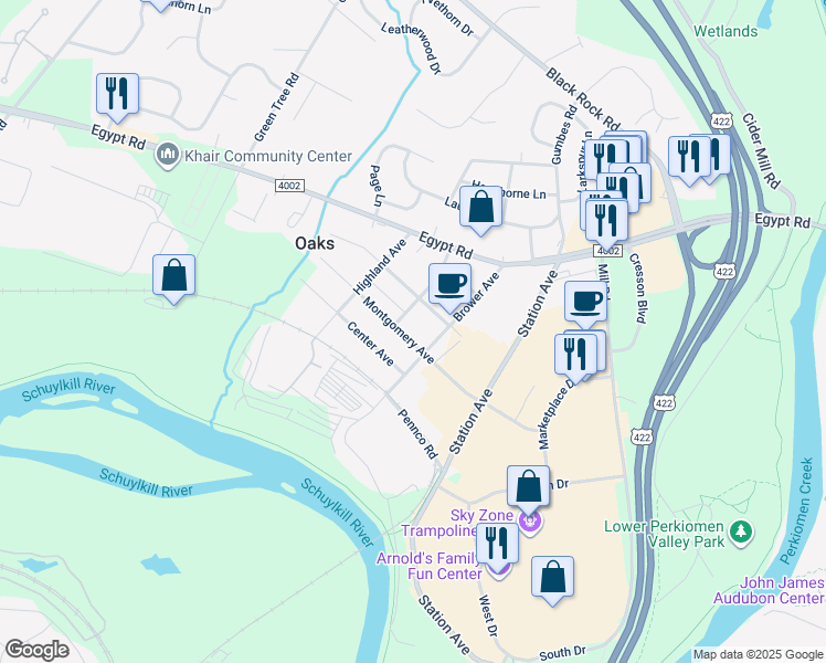 map of restaurants, bars, coffee shops, grocery stores, and more near 215 Montgomery Avenue in Phoenixville