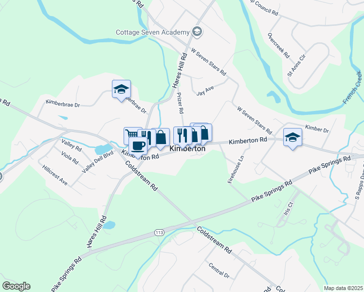 map of restaurants, bars, coffee shops, grocery stores, and more near 2177 Kimberton Road in Phoenixville
