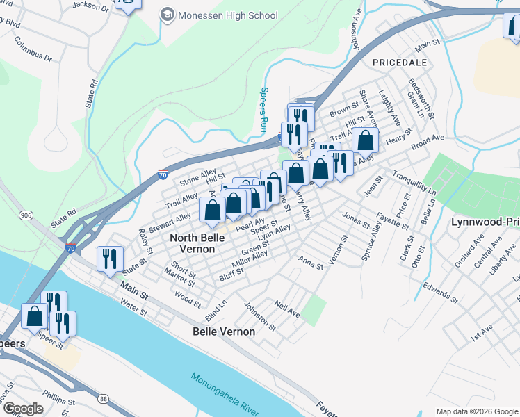 map of restaurants, bars, coffee shops, grocery stores, and more near 608 Broad Avenue in Belle Vernon
