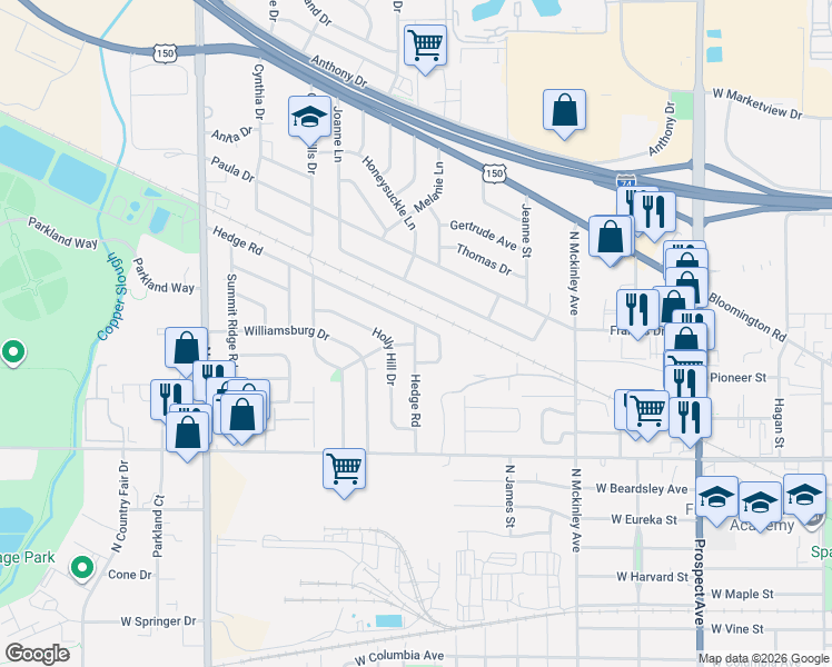 map of restaurants, bars, coffee shops, grocery stores, and more near 1501 Hedge Road in Champaign
