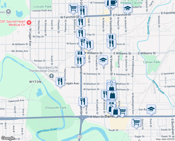 map of restaurants, bars, coffee shops, grocery stores, and more near 412 Oak Street in Danville