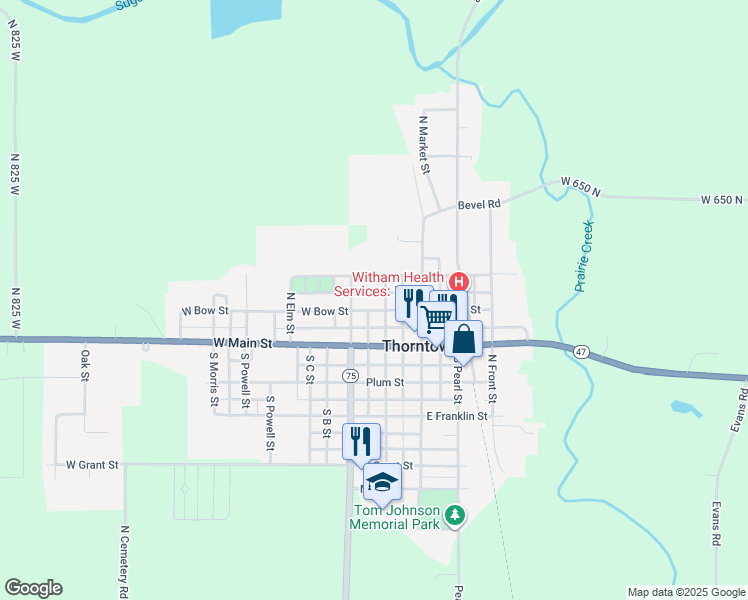 map of restaurants, bars, coffee shops, grocery stores, and more near 206 West Bow Street in Thorntown