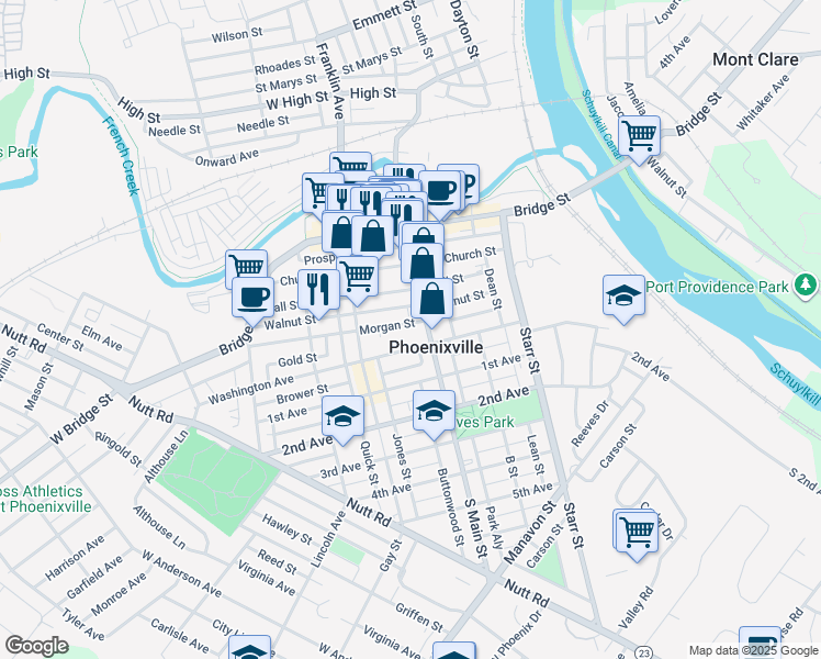 map of restaurants, bars, coffee shops, grocery stores, and more near 218 Morgan Street in Phoenixville