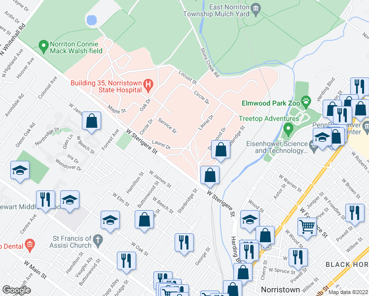 map of restaurants, bars, coffee shops, grocery stores, and more near Laurel Drive in Norristown