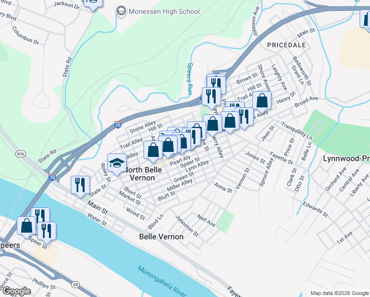 map of restaurants, bars, coffee shops, grocery stores, and more near 608 Broad Avenue in Belle Vernon