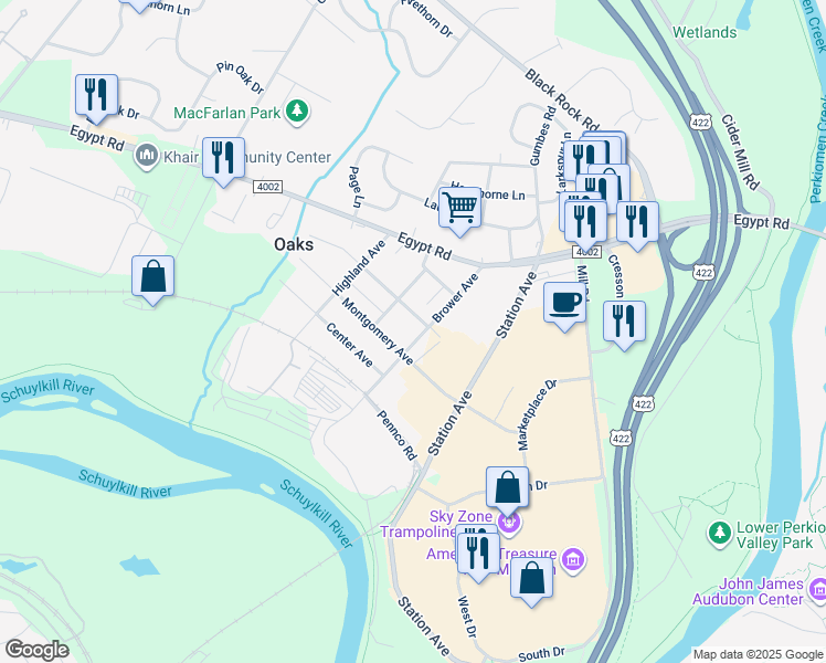 map of restaurants, bars, coffee shops, grocery stores, and more near 312 Brower Avenue in Phoenixville