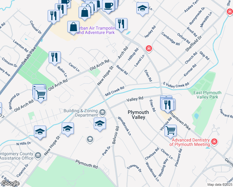 map of restaurants, bars, coffee shops, grocery stores, and more near 210 Millcreek Road in Plymouth Meeting