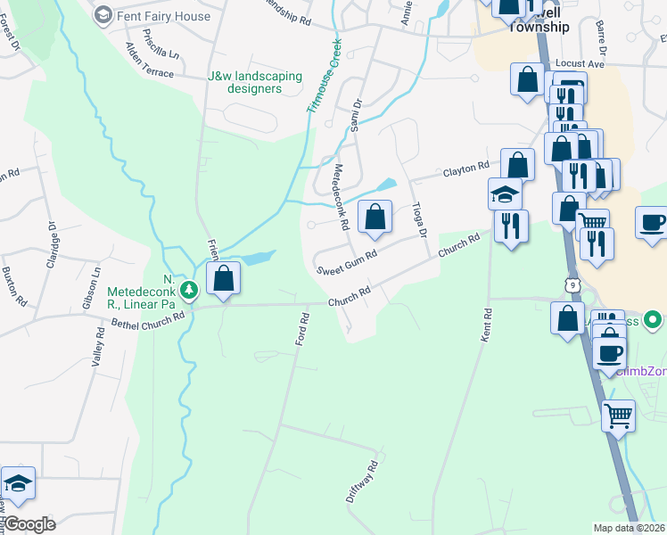 map of restaurants, bars, coffee shops, grocery stores, and more near 32 Sweet Gum Road in Howell Township