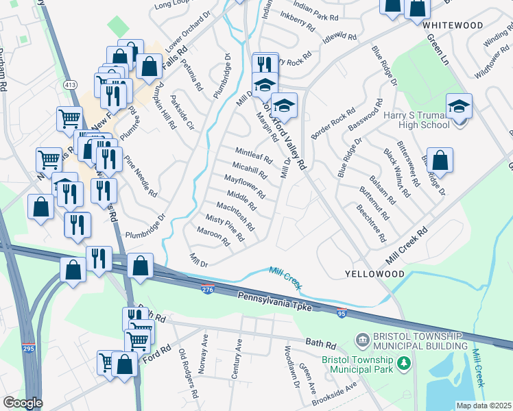 map of restaurants, bars, coffee shops, grocery stores, and more near 18 Middle Road in Levittown