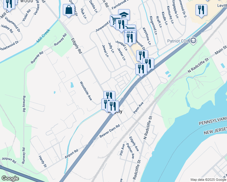 map of restaurants, bars, coffee shops, grocery stores, and more near 1626 Grieb Avenue in Levittown