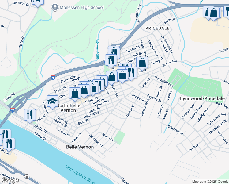 map of restaurants, bars, coffee shops, grocery stores, and more near 723 Speer Street in Belle Vernon