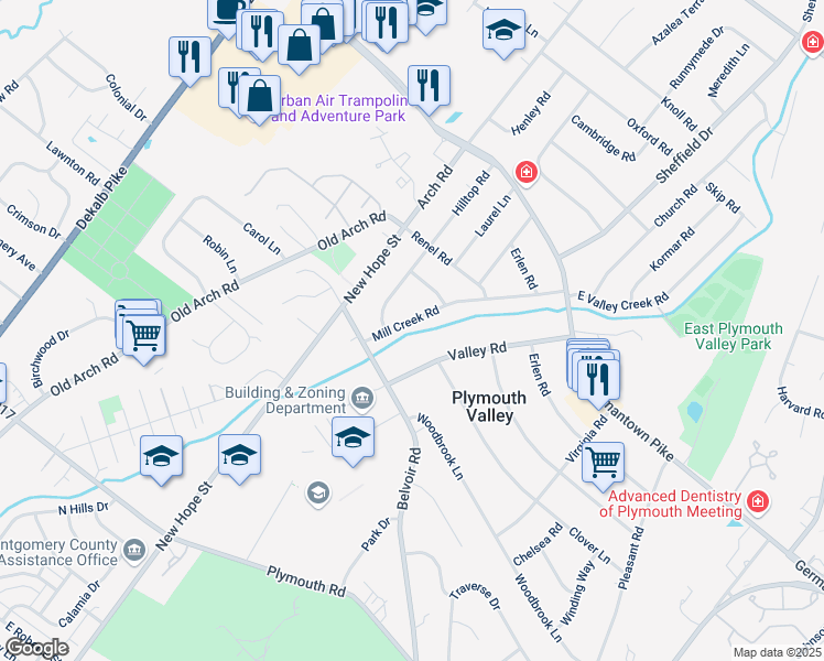 map of restaurants, bars, coffee shops, grocery stores, and more near 210 Millcreek Road in Plymouth Meeting