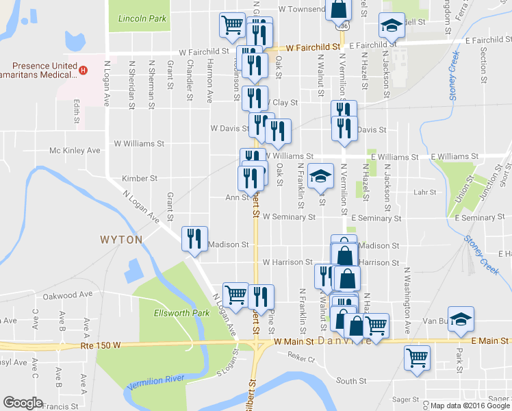 map of restaurants, bars, coffee shops, grocery stores, and more near 409 North Gilbert Street in Danville