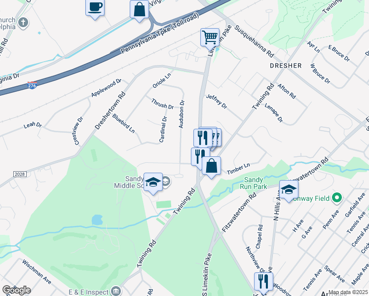 map of restaurants, bars, coffee shops, grocery stores, and more near 1915 Audubon Drive in Dresher