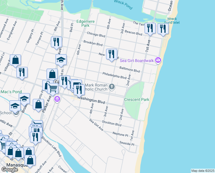 map of restaurants, bars, coffee shops, grocery stores, and more near 304 Boston Boulevard in Sea Girt