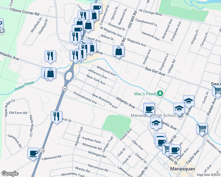 map of restaurants, bars, coffee shops, grocery stores, and more near 1107 New York Avenue in Manasquan
