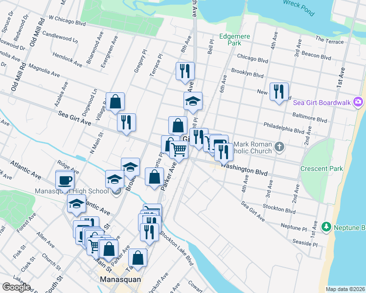 map of restaurants, bars, coffee shops, grocery stores, and more near 800 New Jersey 71 in Sea Girt