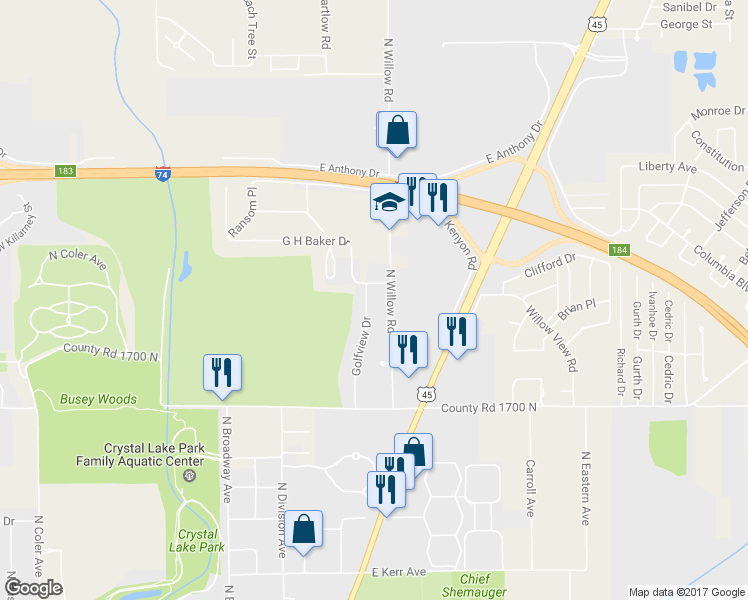 map of restaurants, bars, coffee shops, grocery stores, and more near 1906 Golfview Drive in Urbana