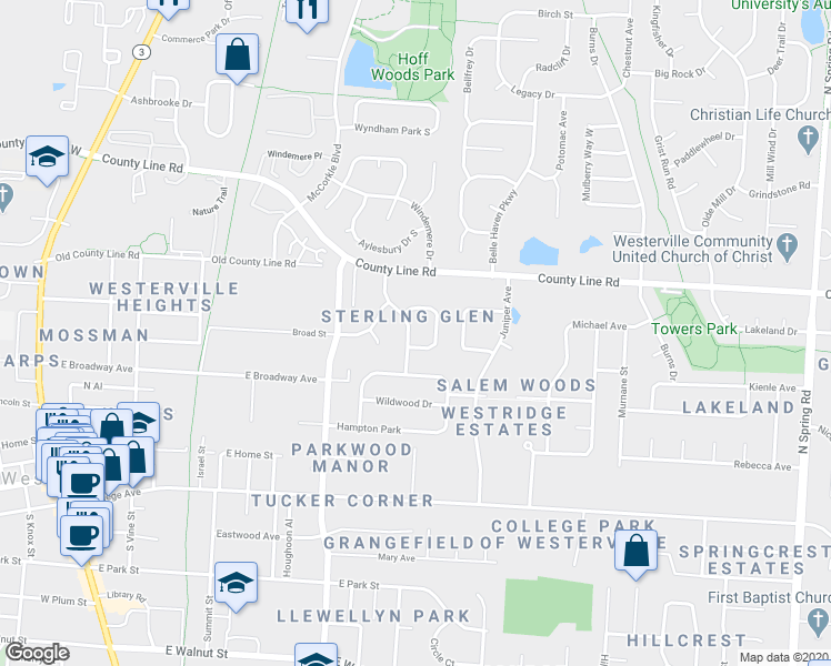map of restaurants, bars, coffee shops, grocery stores, and more near 180 Sterling Glen Drive in Westerville
