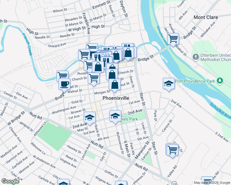 map of restaurants, bars, coffee shops, grocery stores, and more near 157 Main Street in Phoenixville