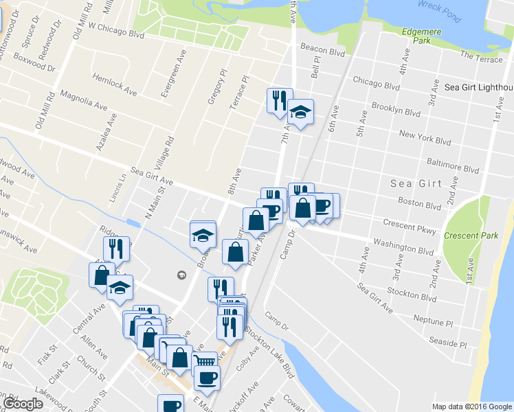 map of restaurants, bars, coffee shops, grocery stores, and more near 707 Sea Girt Avenue in Sea Girt