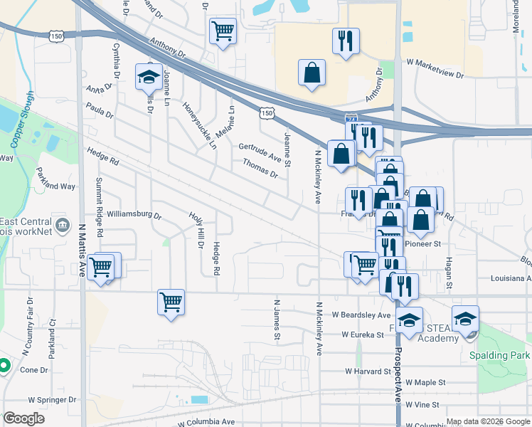 map of restaurants, bars, coffee shops, grocery stores, and more near 1207 Joanne Lane in Champaign