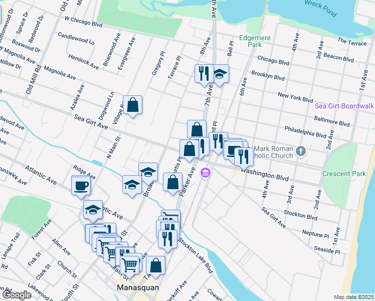 map of restaurants, bars, coffee shops, grocery stores, and more near 707 Sea Girt Avenue in Sea Girt
