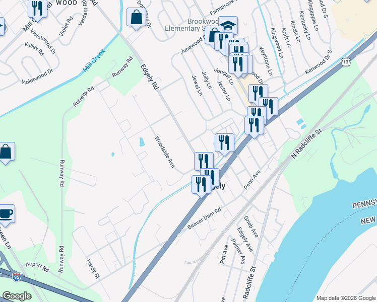 map of restaurants, bars, coffee shops, grocery stores, and more near 1819 Edgely Road in Levittown