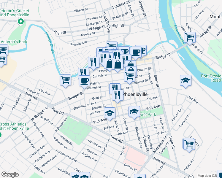 map of restaurants, bars, coffee shops, grocery stores, and more near 323 Morgan Street in Phoenixville