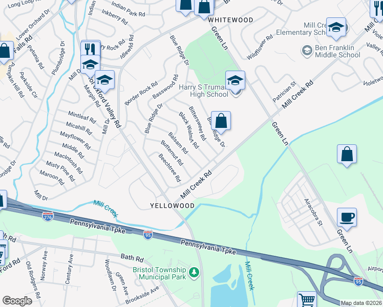 map of restaurants, bars, coffee shops, grocery stores, and more near 22 Balsam Road in Levittown