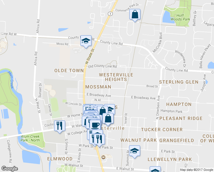 map of restaurants, bars, coffee shops, grocery stores, and more near 171 North Vine Street in Westerville