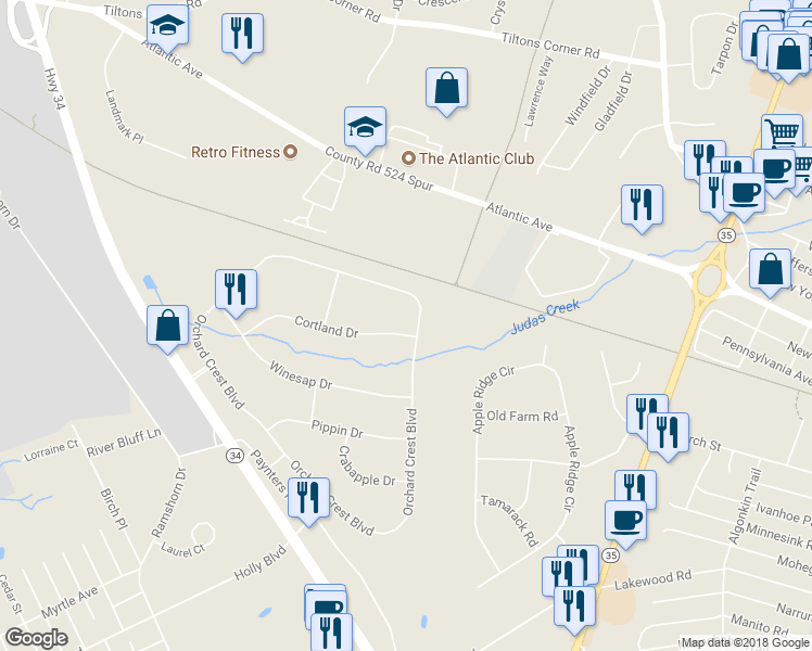 map of restaurants, bars, coffee shops, grocery stores, and more near 1400 Cortland Drive in Manasquan