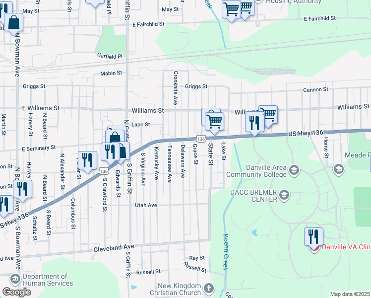 map of restaurants, bars, coffee shops, grocery stores, and more near 29 Delaware Avenue in Danville