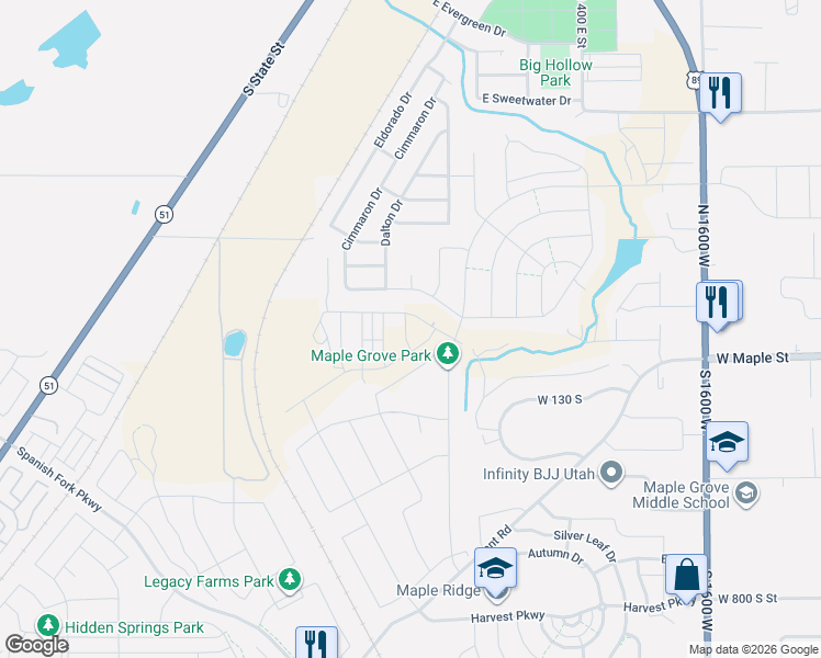 map of restaurants, bars, coffee shops, grocery stores, and more near 43 South Crimson Way in Springville