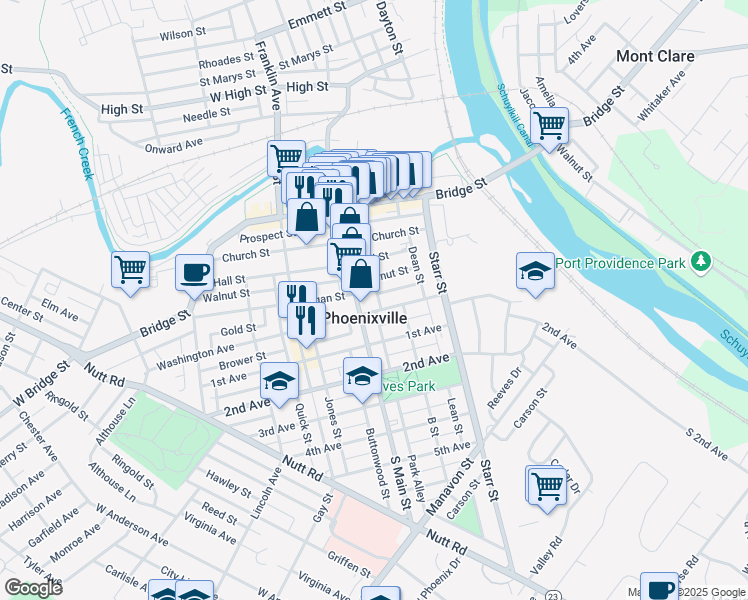 map of restaurants, bars, coffee shops, grocery stores, and more near 160 Jackson Street in Phoenixville