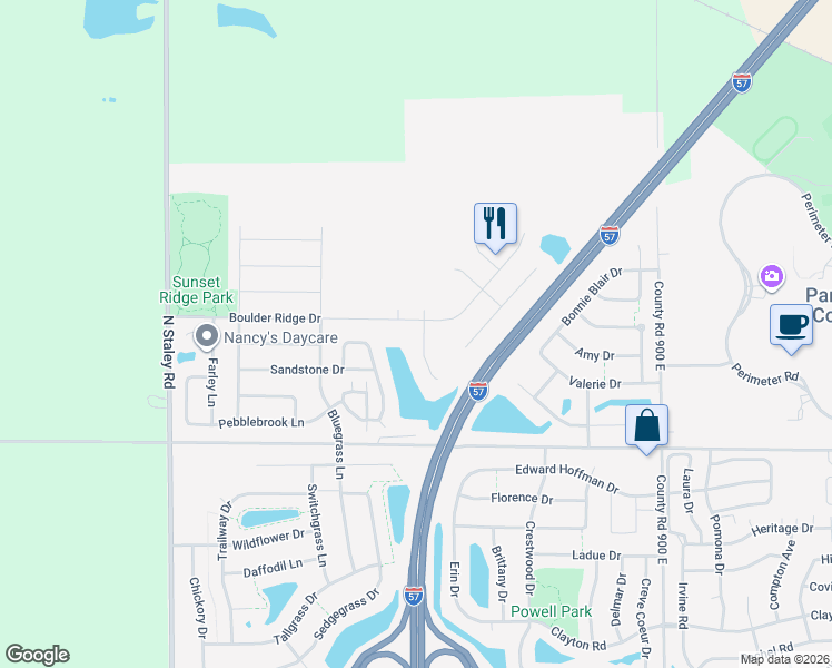 map of restaurants, bars, coffee shops, grocery stores, and more near 1419 Cobblestone Way in Champaign