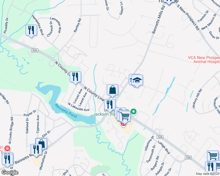 map of restaurants, bars, coffee shops, grocery stores, and more near 43 Shilling Way in Jackson Township