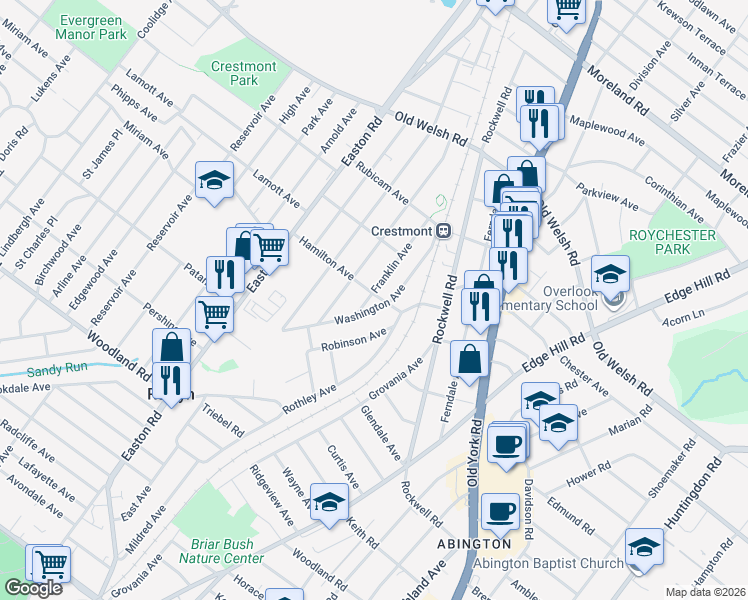 map of restaurants, bars, coffee shops, grocery stores, and more near 2232 Hamilton Avenue in Willow Grove