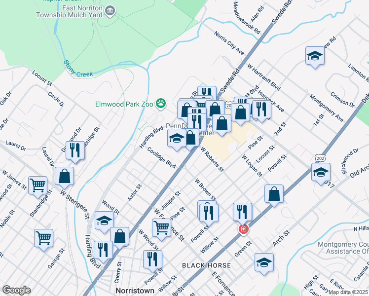 map of restaurants, bars, coffee shops, grocery stores, and more near 1602 Eva Court in Norristown