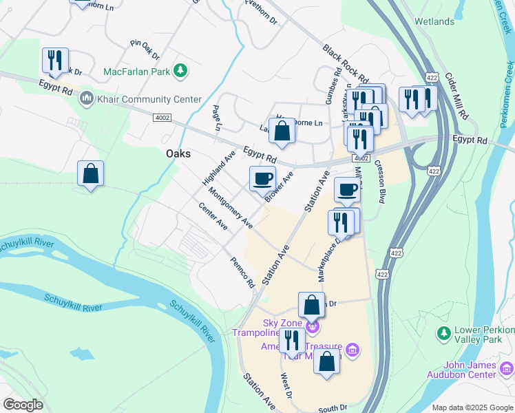 map of restaurants, bars, coffee shops, grocery stores, and more near 312 Brower Avenue in Phoenixville