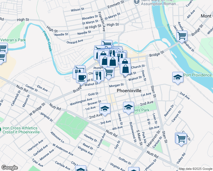 map of restaurants, bars, coffee shops, grocery stores, and more near 323 Morgan Street in Phoenixville