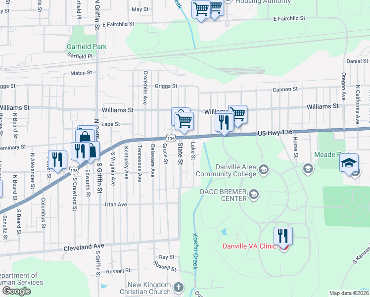 map of restaurants, bars, coffee shops, grocery stores, and more near 2-98 Lake Street in Danville