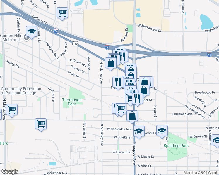 map of restaurants, bars, coffee shops, grocery stores, and more near 1502 North Ridgeway Avenue in Champaign