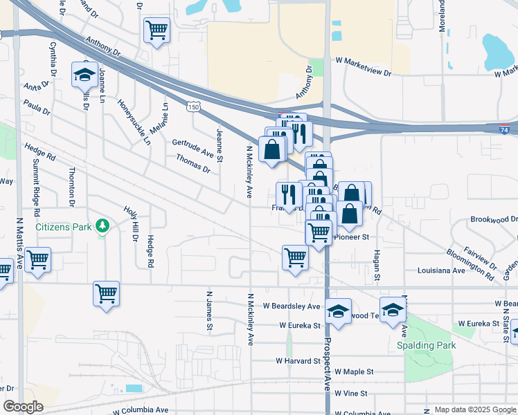 map of restaurants, bars, coffee shops, grocery stores, and more near 1502 North Ridgeway Avenue in Champaign